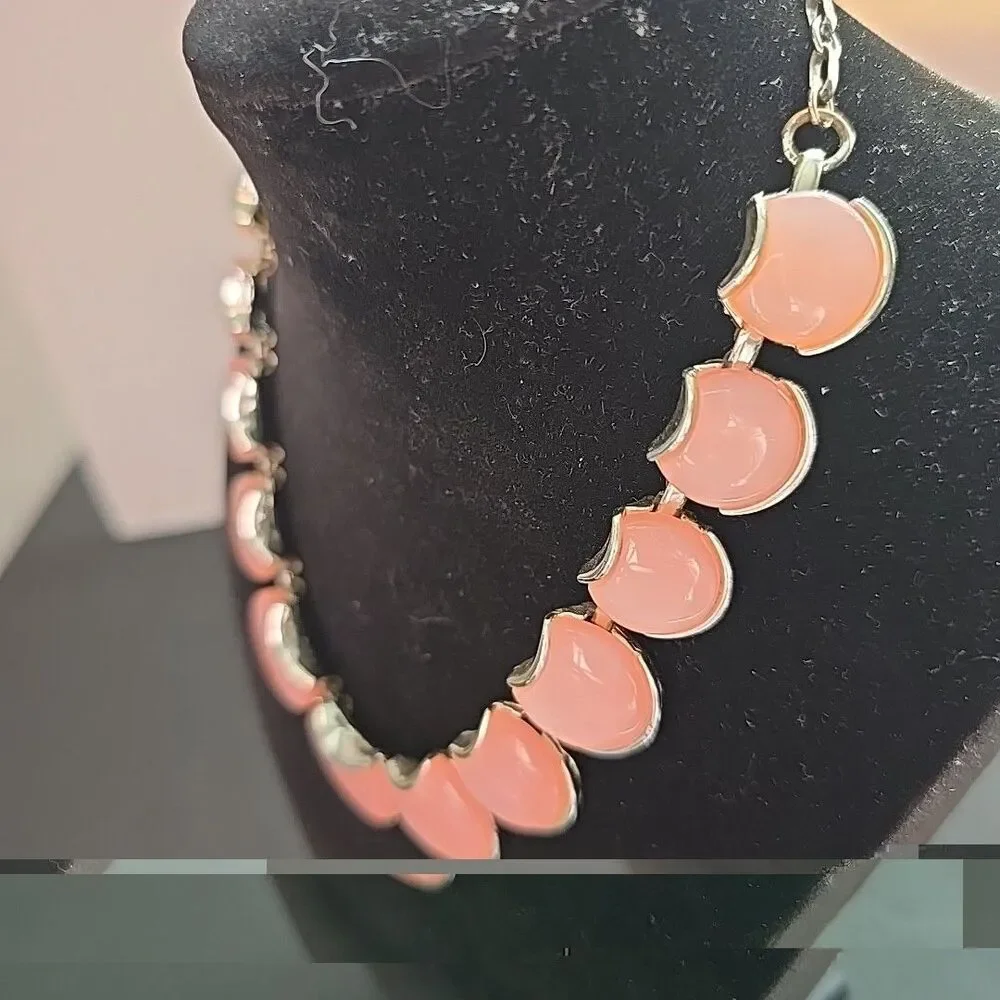 Vintage Pink Lucite Panel Necklace Silver Tone Mid Century Statement approx 13